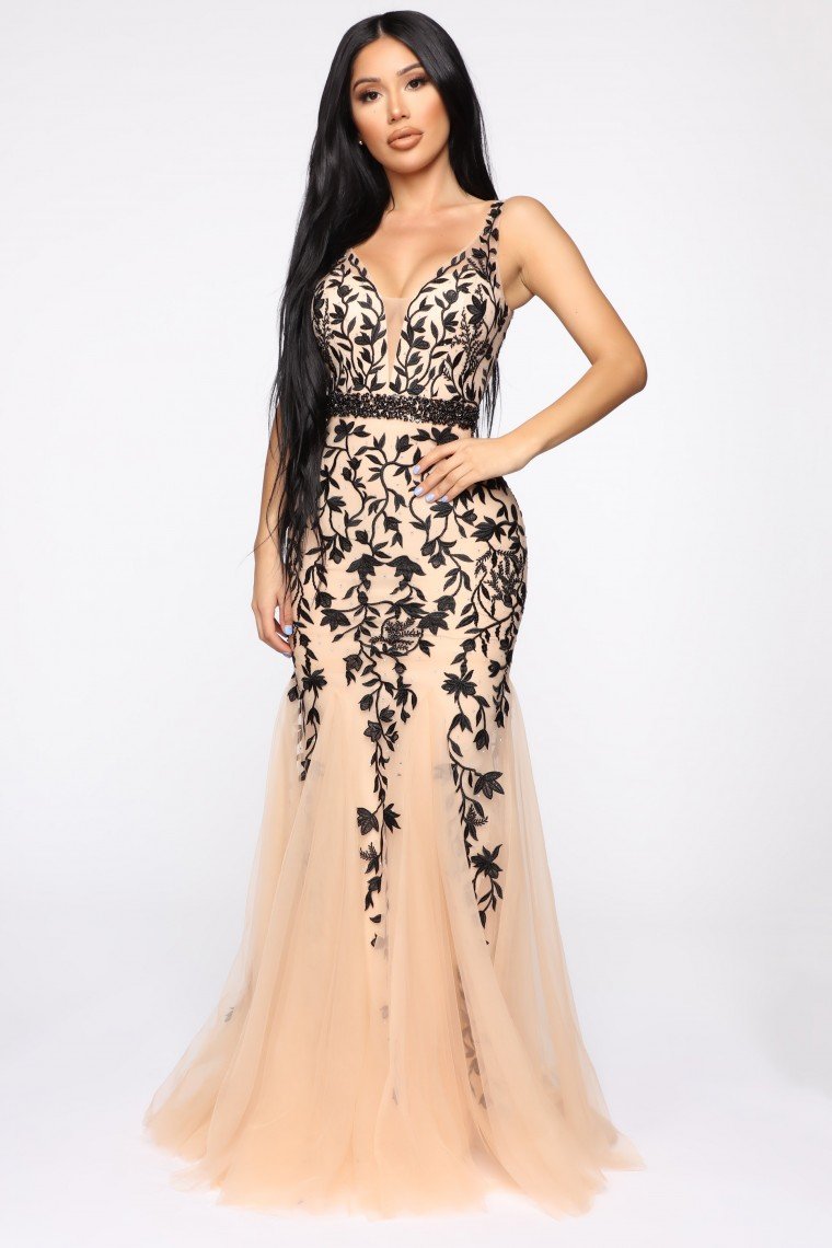 Over The Moon Floral Gown - Nude Black