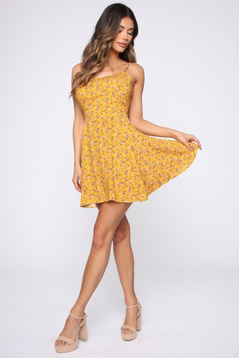 Ari Floral Babydoll Dress - Mustard Floral